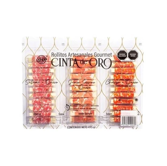 Imagen de Rollitos artesanales gourmet (queso + salami, jamón serrano y chorizo) Cinta de Oro 33 pzas (495g)