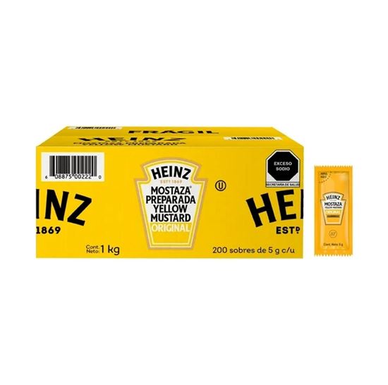 Imagen de Mostaza preparada original Heinz sobre individual caja con 200 pzas de 5g c/u (1kg)