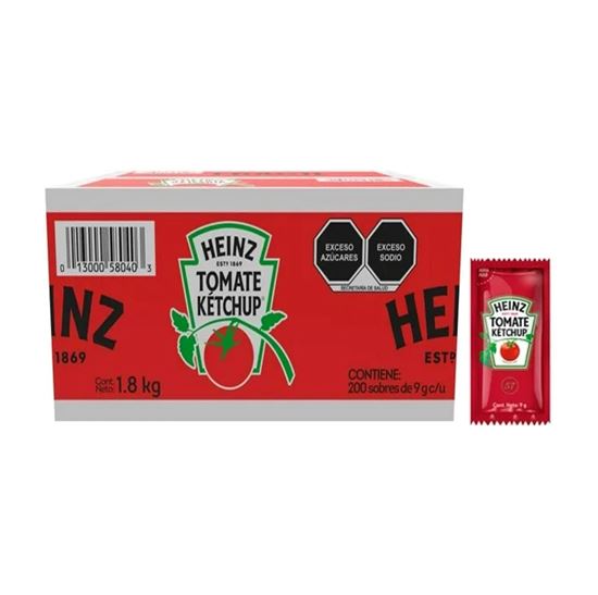 Imagen de Salsa de tomate kétchup Heinz sobre individual caja con 200 pzas de 9g c/u (1.8kg)