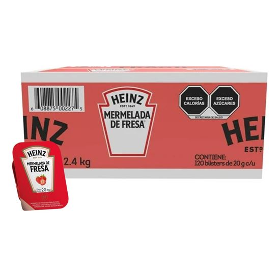 Imagen de Mermelada de fresa Heinz porción individual caja con 120 pzas de 20g c/u (2.4kg)