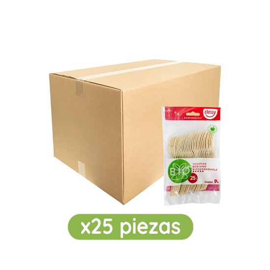 Imagen de Tenedor mediano biodegradable Classy caja con 40 paquetes de 25 pzas c/u (1000 pzas)