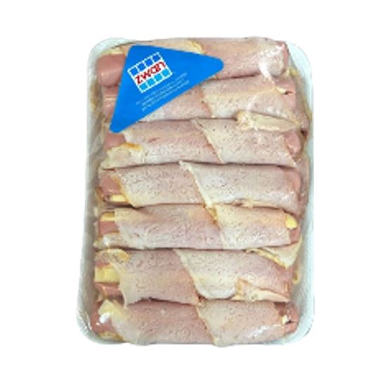 Imagen de Salchicha rellena de queso manchego Zwan envuelta en tocino charola con 13pzas (850g aprox)