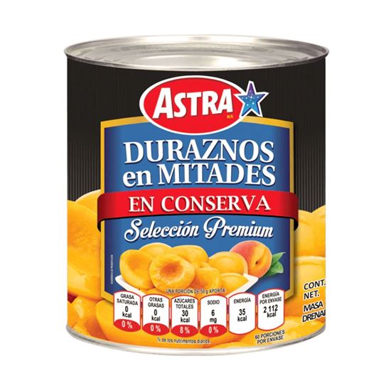 Imagen de Duraznos en mitades en conserva selección premium Astra en lata 3kg