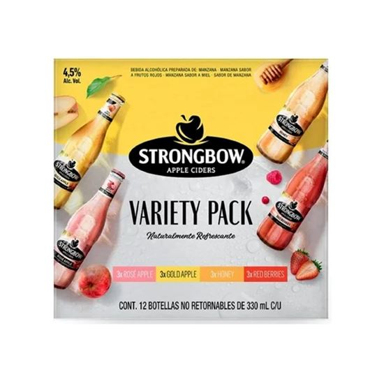 Imagen de Bebida alcohólica sidra de manzana 4 sabores surtidos Strongbow Variety Pack caja con 12 botellas de 330ml c/u