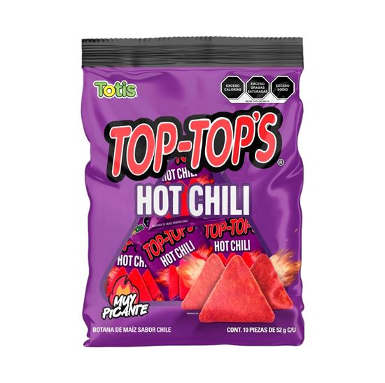 Imagen de Botana de maíz sabor chile muy picante Totis Top-Top's Hot Chili bolsa con 10 sobres de 52g c/u (520g)