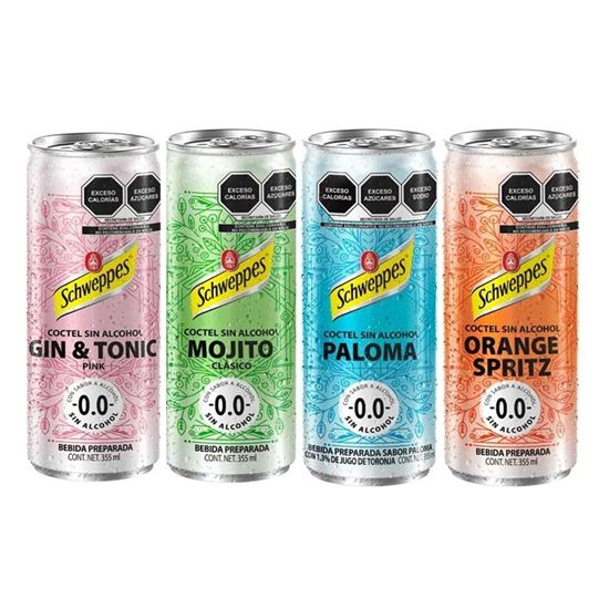 Imagen de Cocteles sin alcohol surtidos (gin & tonic, paloma, mojito y orange spritz) Schweppes mocktails paquete de 6 latas de 355ml c/u