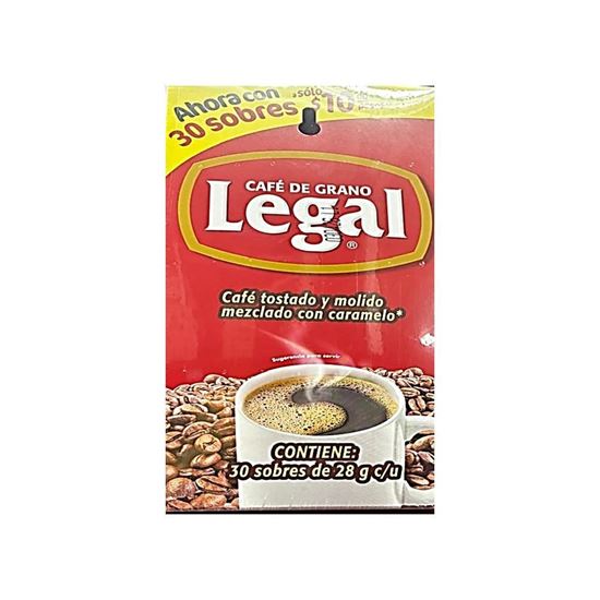 Imagen de Café tostado y molido mezclado con caramelo Café Legal de Grano caja con 30 sobres de 28g c/u