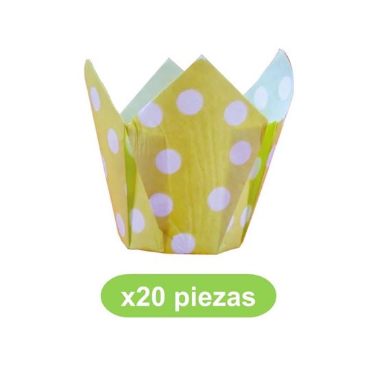 Imagen de Capacillo tulipán decorado amarillo con lunares blancos bolsa con 20 pzas