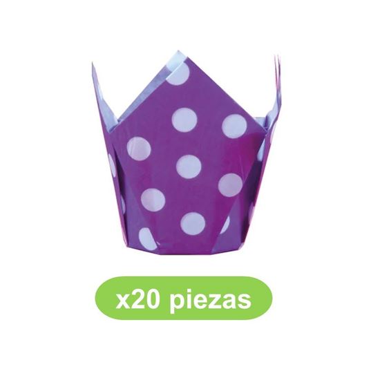 Imagen de Capacillo tulipán decorado morado con lunares blancos bolsa con 20 pzas