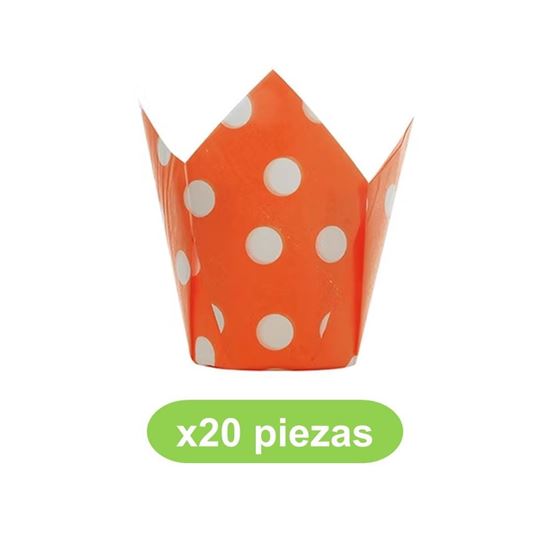 Imagen de Capacillo tulipán decorado naranja con lunares blancos bolsa con 20 pzas