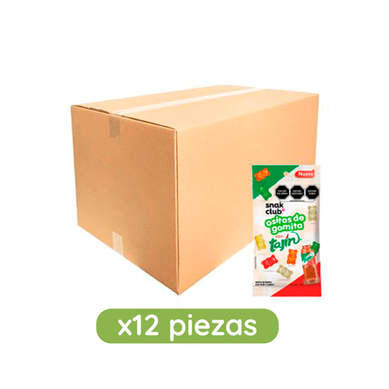 Imagen de Ositos de gomita sabor frutas con Tajín Snak Club caja con 12 pzas de 55g c/u (660g)