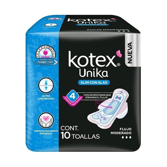Imagen de Toallas femeninas con alas Kotex Unika ultradelgada flujo moderado 10 pzas