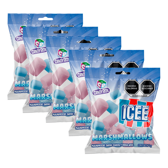 Imagen de Malvaviscos sabor cereza y mora Candy Box ICEE Marshmallow 5 bolsas de 71g c/u (355g)