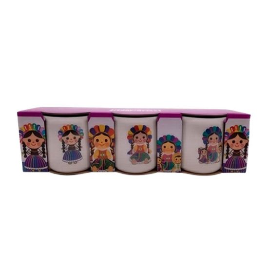 Imagen de Mini tarros tequileros de porcelana diseño muñecas Lele edición fiestas patrias color blanco Maki Home 3 pzas