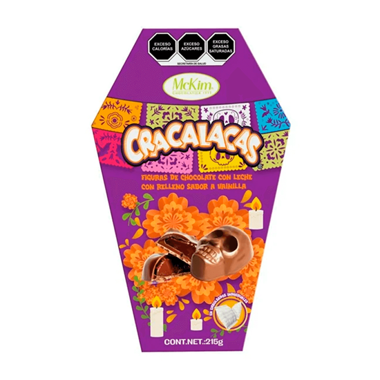 Imagen de Figuras de calavera de chocolate con leche con relleno sabor a vainilla McKim Cracalacas 215g