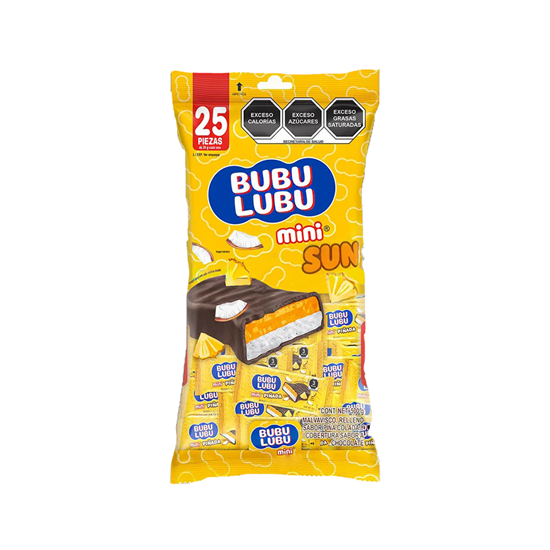 Imagen de Malvavisco relleno sabor piña colada cubierto con chocolate Ricolino Bubulubu Mini Sun 25 pzas de 20g c/u (500g)