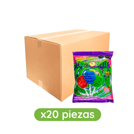 Imagen de Paletas de caramelo macizo sabores frutales Dulces Chompys Cabezombie caja con 20 paquetes de 40 pzas (560g) c/u