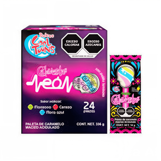 Imagen de Paletas de caramelo sabor piña colada con palillo luminoso Dulces Cool Toons Calaveritas Neón 24 pzas (336g)