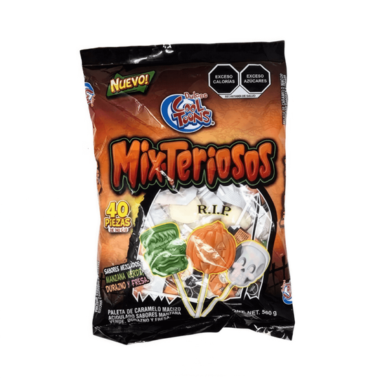 Imagen de Paletas de caramelo sabores manzana, durazno y fresa figuras Halloween Dulces Cool Toons Mix-Teriosos 40 pzas (560g)