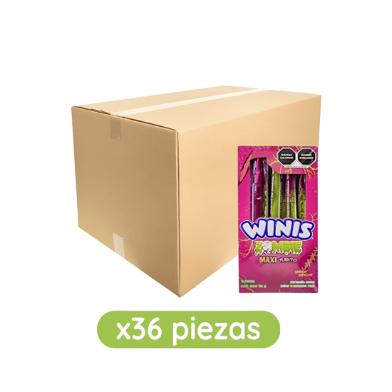 Imagen de Caramelo suave sabor manzana-kiwi Winis Zombie Maxi Tubito caja con 36 exhibidores de 176g c/u