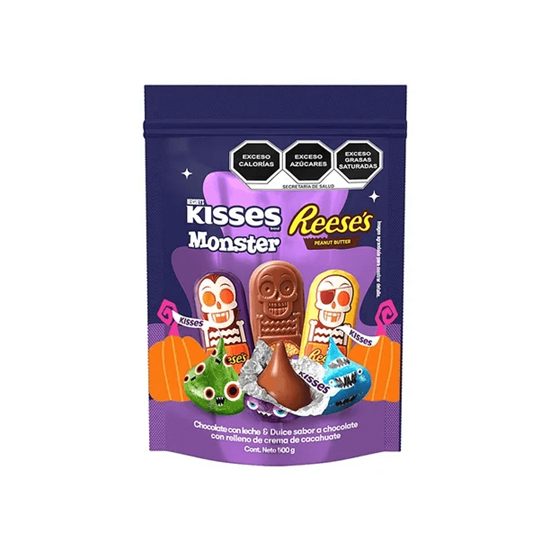 Imagen de Surtido de chocolate con leche y dulce sabor chocolate con relleno de crema de cacahuate Hershey’s Kisses Monster y Reese's edición Halloween 500g