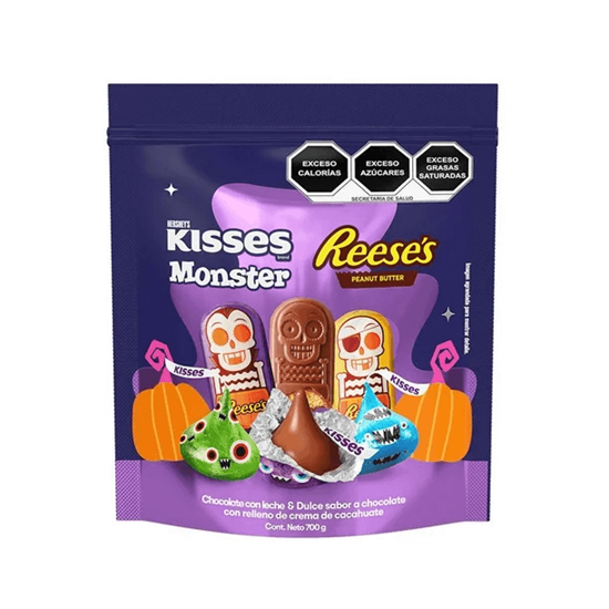 Imagen de Surtido de chocolate con leche y dulce sabor chocolate con relleno de crema de cacahuate Hershey’s Kisses Monster y Reese's edición Halloween 700g