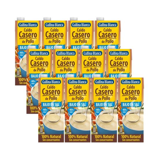 Imagen de Caldo casero de pollo bajo en sal 100% natural Gallina Blanca caja con 12 pzas de 1L c/u