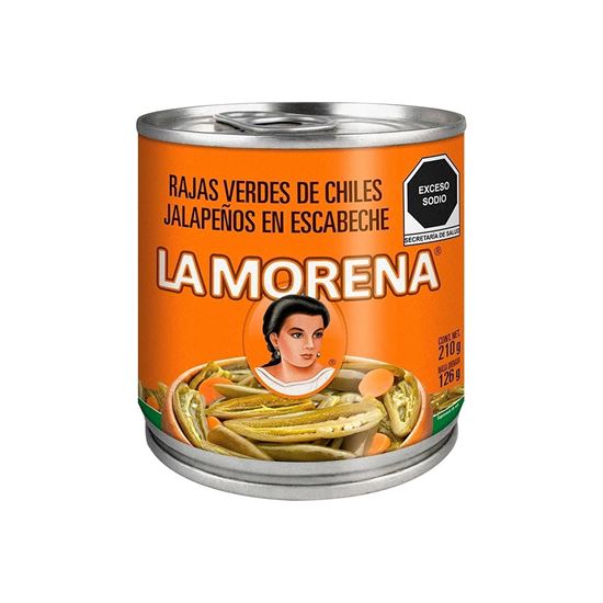 Imagen de Rajas verdes de chiles jalapeños en escabeche La Morena en lata 210g