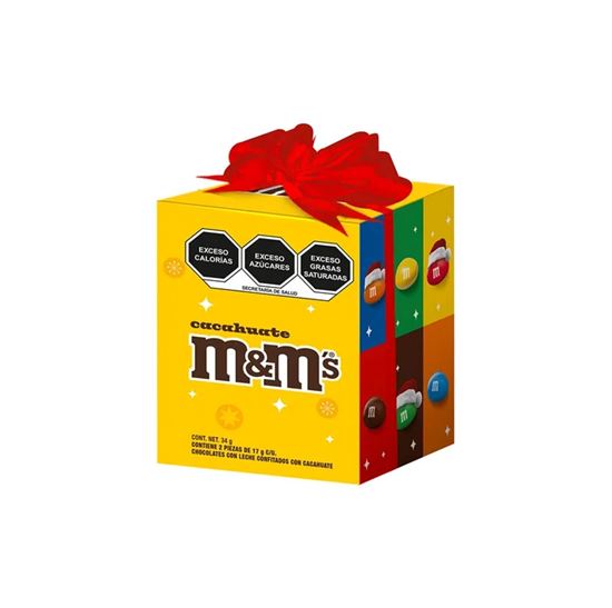 Imagen de Chocolates con leche confitados con cacahuate M&M's amarillo cajita navideña con 2 piezas de 17g c/u (34g)
