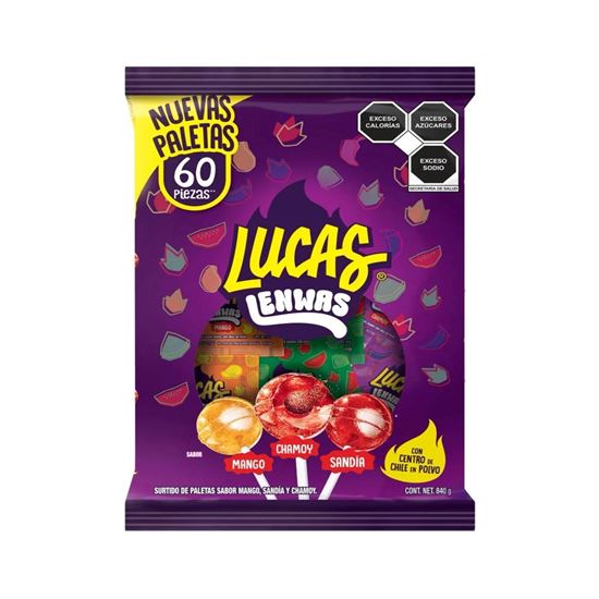 Imagen de Paletas surtidas sabor mango, sandía y chamoy con centro de chile en polvo Lucas Lenwas 60 pzas (840g)