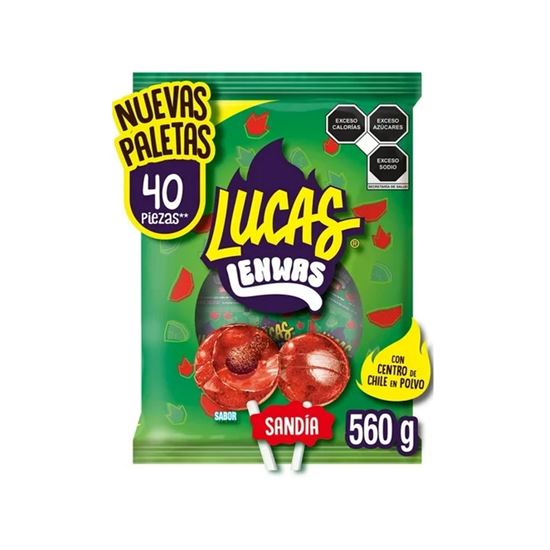 Imagen de Paletas de caramelo sabor sandía con centro de chile en polvo Lucas Lenwas 40 pzas (560g)