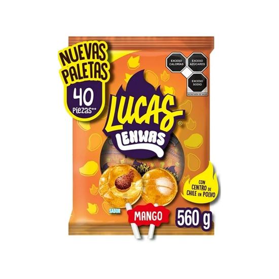 Imagen de Paletas de caramelo sabor mango con centro de chile en polvo Lucas Lenwas 40 pzas (560g)