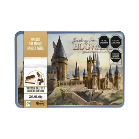 Imagen de Surtido de galletas y chocolate con leche Witor's Harry Potter caja metálica con castillo Hogwarts 452g