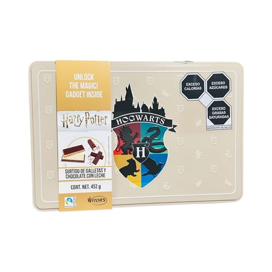Imagen de Surtido de galletas y chocolate con leche Witor's Harry Potter caja metálica con escudo Hogwarts 452g