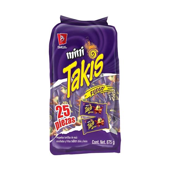 Imagen de Botana de maíz sabor chile y limón Barcel Mini Takis Fuego bolsa con 25 pzas de 35g c/u (875g)