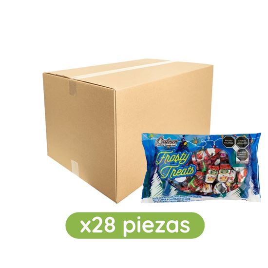Imagen de Dulce sabor chocolate blanco con galletas con envolturas decoradas de Navidad Palmer Frosty Treats caja con 28 pzas de 500g c/u (14kg)