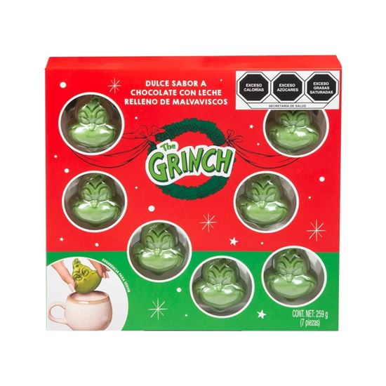 Imagen de Dulce de chocolate con leche relleno de malvaviscos para preparar bebida hot cocoa bomb The Grinch 7 pzas (259g)
