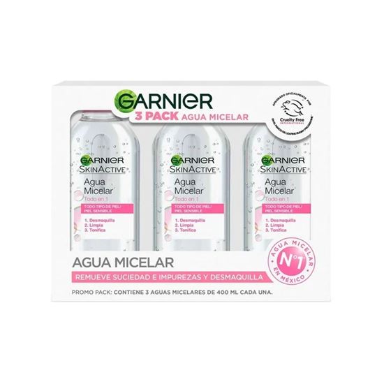 Imagen de Agua micelar desmaquillante Todo-en-1 Garnier SkinActive 3 pack de 400ml c/u