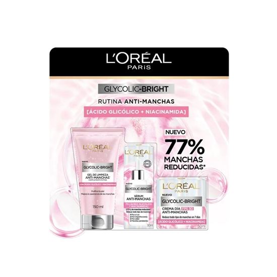 Imagen de Rutina anti-manchas (gel limpiador, sérum y crema de día) con ácido glicólico + niacinamida L'Oreal París Glycolic-Bright 3 pack
