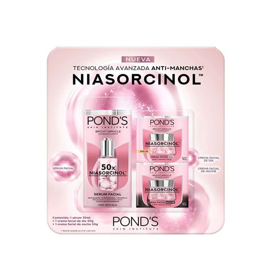 Imagen de Rutina facial anti-manchas (sérum, crema de día y crema de noche) con Niasorcinol POND'S Bright Miracle Ultimate Clarity 3 pack