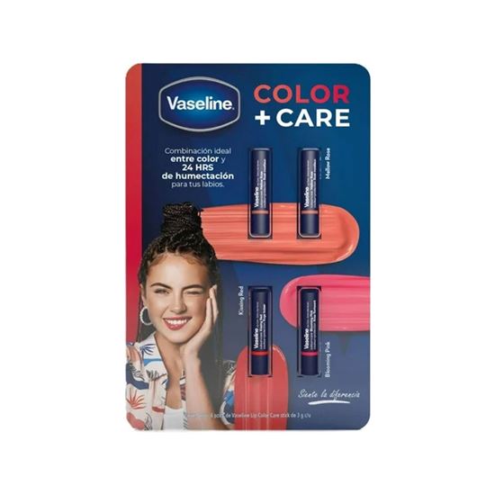 Imagen de Bálsamo hidratante para labios Vaseline Color + Care en barra 4 pack de 3g c/u