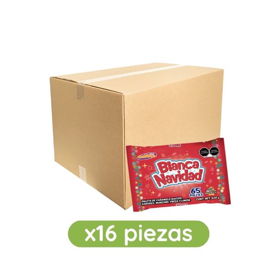 Imagen de Paletas de caramelo sabores frutales Dulces Chompys Blanca Navidad caja con 16 bolsas de 650g c/u