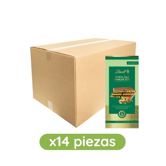 Imagen de Chocolate con leche con relleno de pistache y pasta Kadayif Lindt Dubai Style Chocolate caja con 14 pzas de 145g c/u (2.03kg)
