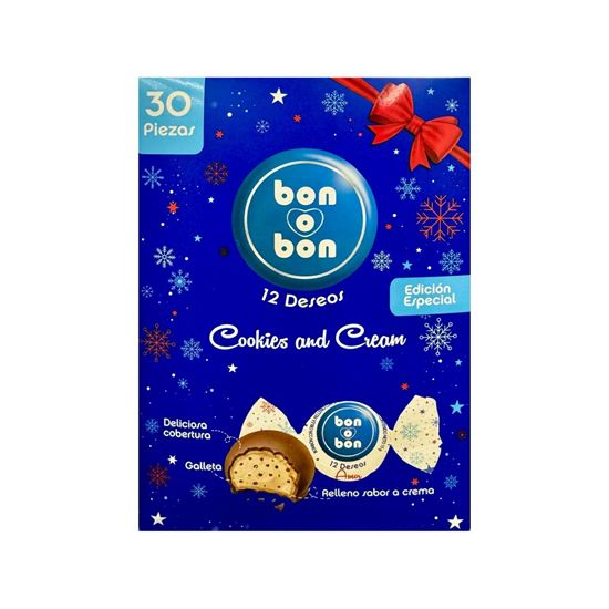 Imagen de Bombón con oblea relleno con galleta y crema edición especial navideña Bon o Bon 12 Deseos Cookies and Cream 30 pzas (450g)