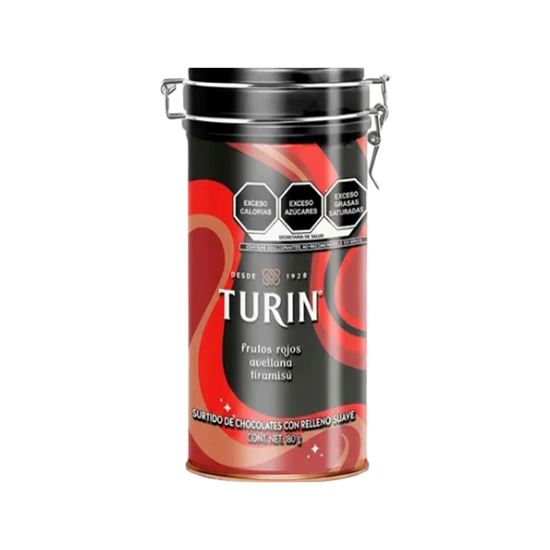 Imagen de Surtido de chocolates con relleno suave (frutos rojos, avellana y tiramisú) Turín lata navideña 180g