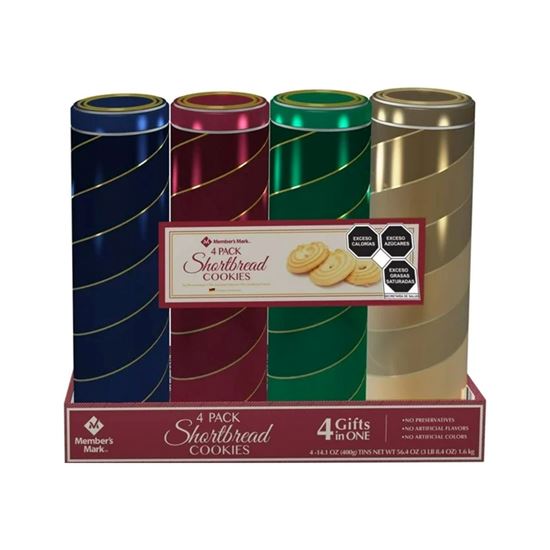Imagen de Galletas alemanas de mantequilla Member's Mark Shortbread Cookies en latas navideñas 4 pack de 400g c/u (1.6kg)