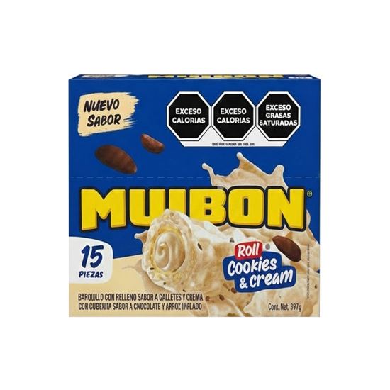 Imagen de Barquillo con relleno sabor galletas y crema con cubierta sabor chocolate y arroz inflado Muibon Roll Cookies & Cream 15 pzas (315g)