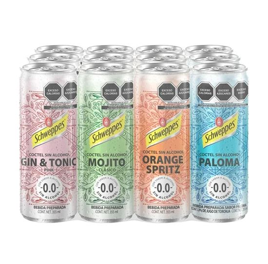 Imagen de Cocteles sin alcohol surtidos (gin & tonic, paloma, mojito y orange spritz) Schweppes mocktails paquete de 12 latas de 355ml c/u