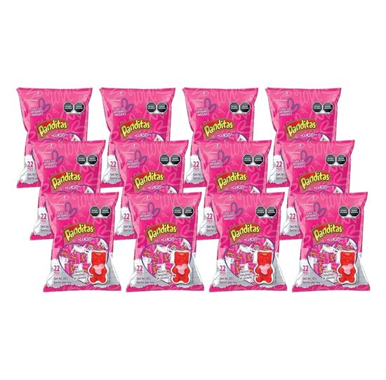 Imagen de Gomitas de panditas y corazones sabor fresa Ricolino Panditas Cursis mini caja con 12 bolsas de 330g c/u