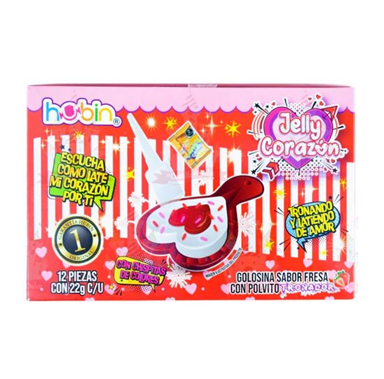Imagen de Golosina sabor fresa con polvito tronador Hubin Jelly Corazón 12 pzas de 22g c/u